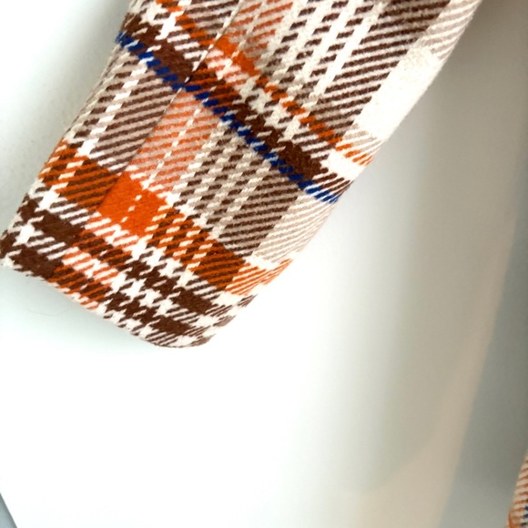 Forever 21 | Women's Plaid Cream Orange Brown Long Coat Deep V Size L - Picture 5 of 8